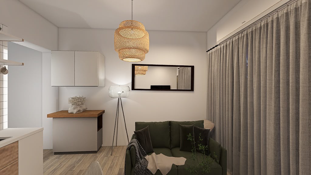 Ce projet d’*aménagement intérieur 3D en Île-de-France* répond à un enjeu central : exploiter intelligemment une surface réduite tout en créant un intérieur chaleureux, fonctionnel et agréable à vivre. L’aménagement s’inspire principalement d’un *style Japandi contemporain*, avec des lignes épurées, une palette douce, du bois clair et quelques touches de vert profond. Les formes arrondies du mobilier viennent adoucir l’ensemble et apporter une sensation de confort sans alourdir visuellement la pièce. La *cuisine ouverte* s’intègre directement à l’espace de vie avec un comptoir qui permet de créer une séparation fonctionnelle sans fermer la pièce. Le salon conserve ainsi une circulation fluide malgré la surface disponible. Un *coin prière et détente* a également été intégré au projet. Pensé comme un espace plus calme et intime, il permet d’ajouter une fonction personnelle à l’appartement sans nécessiter une pièce supplémentaire. Le grand *miroir mural* joue quant à lui un rôle stratégique : son emplacement a été pensé pour réfléchir la lumière et les perspectives afin de donner visuellement davantage de profondeur à la pièce. La conception 3D permet ainsi de travailler chaque mètre carré en fonction des *besoins, habitudes et préférences du client*, avant de passer à la réalisation. *Localisation :* Île-de-France, France *Type de projet :* Aménagement intérieur et conception 3D *Style :* Japandi contemporain *Espaces :* Cuisine ouverte, salon, coin repas, espace prière et détente *Approche :* Optimisation d’une petite surface, multifonctionnalité, lumière et sensation d’espace.